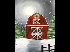 a painting of a red barn in the snow with christmas wreath on it's roof