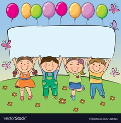 children with balloons holding up a sign