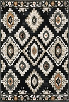 a black and white rug with different colored diamonds