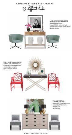 an info sheet describing the different chairs and tables in this living room with text overlay