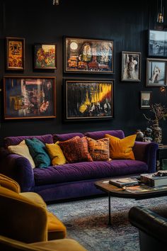 a living room filled with lots of furniture and pictures on the wall above it's coffee table