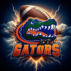 the gators football logo on a dark background with lightnings and an orange ball