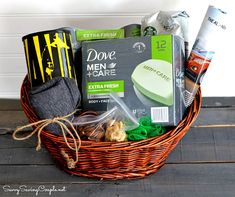 a wicker basket filled with men's care products