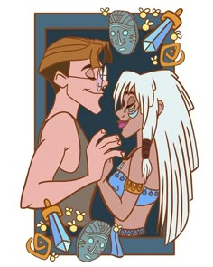 an image of a man and woman kissing in front of a mirror with objects around them