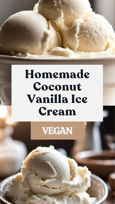 homemade coconut vanilla ice cream in a bowl with the words vegan on top and below