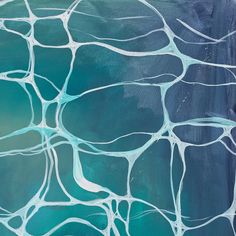 an abstract painting with blue and white paint on it's surface, in the shape of wavy lines