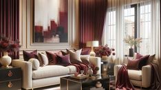 a living room filled with lots of furniture next to a window covered in red and white curtains