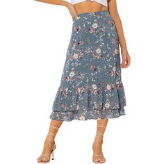 Featuring pretty ditsy floral prints, this midi skirt is a summer option that can be worn with just about anything. Channel elegant style in this midi skirt which is beautifully printed with a blossom pattern for a versatile look. It is made of lightweight fabric, adding definition to the free-flowing design. Falling to a waterfall midi hem, it sits high on the waist with a discreet side zip fastening. Summer days call for effortlessly feminine styles like skirts. Blue Floral Midi Skirt, Beach Wrap Dress, Skirt Chiffon, Midi Flare Skirt, Printed Skirt, Floral Midi Skirt, Floral Print Skirt, Free Flowing, Midi Skirts