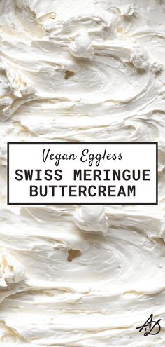 vegan eggless swiss meringue buttercream on a white plate with black lettering