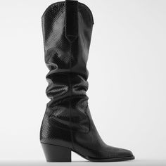 Questions? Leave A Comment Below! Western Style Leather Knee-high Boots For Party, Black Western Style Mid-calf Work Boots, Black Western Style Mid-calf Boots For Work, Black Calf Leather Boots For Spring, Spring Black Calf Leather Boots, Black Western Mid-calf Boots For Workwear, Western Black Leather Knee-high Boots, Zara Almond Toe Faux Leather Boots, Zara Faux Leather Almond Toe Boots