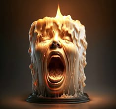 a lit up cake with an open mouth