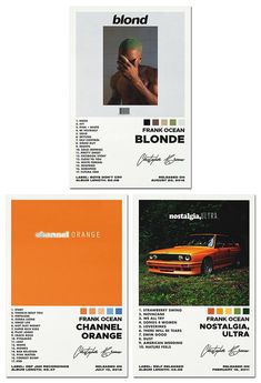 three brochures with an orange car in the middle and two different colors on them