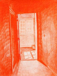 a drawing of an empty room with a door and window on the wall in it