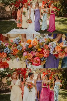 the bridesmaids are all dressed in different colors