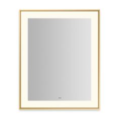 a white and gold framed mirror with a square border on the bottom, against a white background