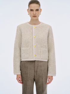 (Pre-order) Expected Delivery : End of October, 2023   70% Virgin Wool 25% Nylon 5% Spandex   Mid Weight Stretch Soft Virgin Wool Blend Shearling Texture Relaxed Fit Waist Length Round Neckline Braided Edge Engraved Button Hardware At Front Patch Pockets Unlined Dry Clean Only By SourceUnknown. Imported   Cut for a reg Super Rich Kids, Sophisticated Outfits, Cardigan Beige, Beige Cardigan, Knitwear Dress, Source Unknown, Winter Knits, Wool Cardigan, Waist Length