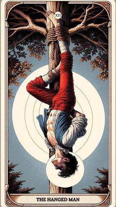 the hanged man tarot card with an image of a person hanging from a tree