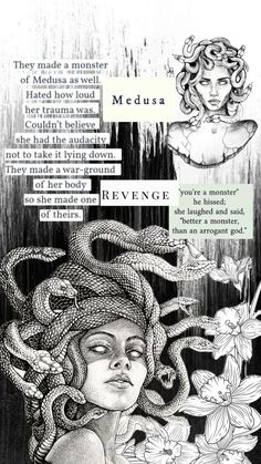 a drawing of a woman with snakes on her head and flowers in her hair, next to the words medusa