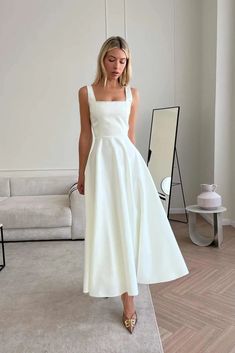 Chic and elegant midi length dress with wide straps in (Milk). The neckline decorated with rhinestones makes the dress really special. Will fit nicely to every body shape. Invisible Zip Fastener. Elegant Midi Dress Wedding, Midi Dress Wedding, Midi Wedding Dress, Backless Dress Summer, Elegant Midi Dresses, Summer Dresses For Wedding Guest, Chic And Elegant, Solid Color Dress, Grad Dresses