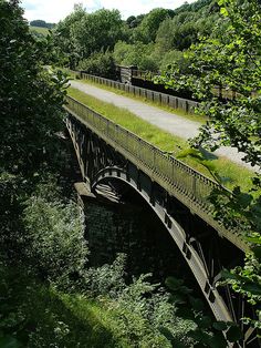 an old bridge with grass growing on the top and sides above it is surrounded by trees