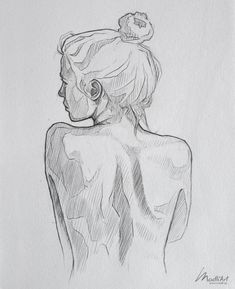 a drawing of a woman's back with her hair in buns and an ear ring