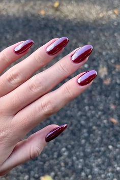 #almondnails #fallnails #nailcolorideas Wine Red With Chrome Nails, Cherry Chrome Nails Almond, Cherry Coke Nails Chrome, Chrome Cranberry Nails, Maroon Glazed Nails, Burgundy And Chrome Nails, Cherry Cola Nails Chrome, Glass Chrome Nails, Cherry Mocha Chrome Nails