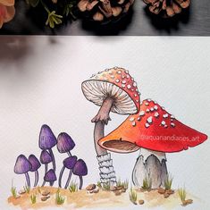 a drawing of a red mushroom sitting on top of a table next to pine cones