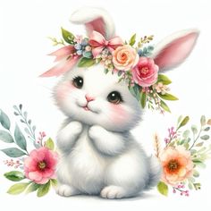 a painting of a bunny with flowers on its head