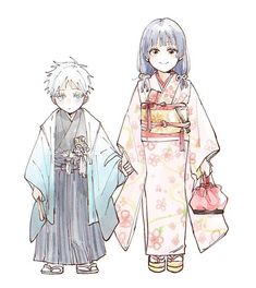 two anime characters dressed in kimonos, one holding a handbag and the other carrying a purse