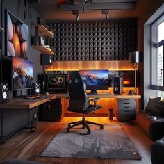 a room with a desk, chair and television in it