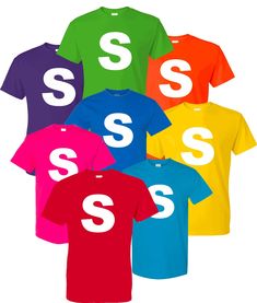 six t - shirts with the word sss printed on them in different colors and sizes