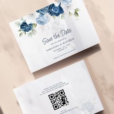 two white envelopes with blue flowers and qr code printed on the front one