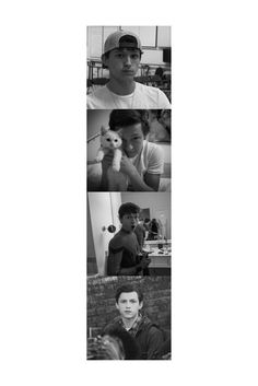 four different pictures of young men in black and white