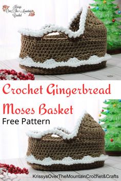 the crochet gingerbread mouse basket is shown with text overlay that reads, free pattern