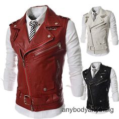 Mens Faux Leather Stand Collar Vest Jacket Slim Fit Zipper Waistcoat Motorcycle * Item:Mens Stand Collar Faux Leather Vest Zipper Slim Fit Motorcycle Biker Jacket Top * Condition: 100% Brand New * Color:white red black  * Size:Asian S-2XL * Package:1pc Coats (without any accessories ）    Please note: 1.Please allow a little error due to manual measurement. 2.The color maybe a little difference because of the light,screen reflection etc. 3.If you are not sure what size to choose, you can tell us your height and weight, we will recommend the right size for you.   Shipping ●    Items will be sent within 5 days of payment verification,  excluding customized products. ●     Items will be shipped from China. Delivery time may vary due to different countries, public holidays, customs issues, logi Leather Vests, Leather Biker Vest, Leather Waistcoat, Faux Leather Vest, Zipper Vest, Biker Vest, Vest Men, Motorcycle Leather, Casual Vest