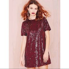 New With Tag! Zip Back Closure Red Burgundy/Wine Color Red Short Sleeve Sequined Dresses, Glamorous Red Short Sleeve Dresses, Red Short Sleeve Dresses With Sequins, Burgundy Sequin Dress For Night Out, Red Short Sleeve Dress For Night Out, Short Sleeve Sequin Mini Dress For Fall, Burgundy Mini Dress For Holiday, Fall Short Sleeve Sequin Mini Dress, Holiday Burgundy Mini Dress