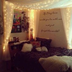 a pinterest page with lights on the wall and bed in front of it