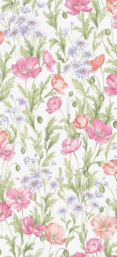 a floral wallpaper with pink, white and blue flowers