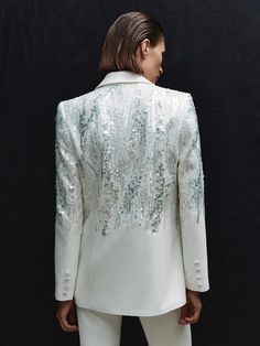 AMALZ TWO PIECE SET – Miss Wolfie White Embellished Party Blazer, White Embellished Blazer For Party, Elegant White Embellished Blazer, White Embellished Long-sleeved Blazer, Embellished White Blazer, Sequin Decorations, Halloween Crop Top, Sequin Suit, Halloween Skirt