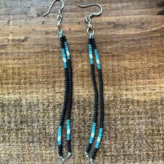 New Never Worn Beaded Earrings. Comes With Little Bag And Box. Turquoise, Black, White Beads. Simple Western Earrings, Turquoise Beaded Earrings With Black Beads As Gift, Western Beaded Earrings, Leather And Bead Earrings, Simple Beaded Earrings, Seed Bead Designs, Simple Bead Earrings, Deer Antler Jewelry, Western Fashion Jewelry