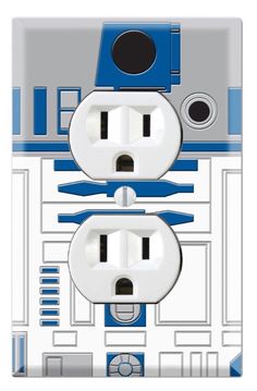 a white and blue wall outlet cover with two plugs on each side of the outlet