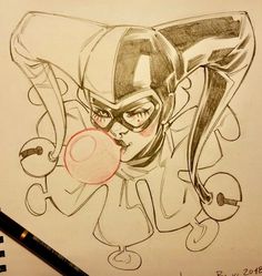 a pencil drawing of a woman with glasses and a clown mask on her face, blowing a bubble