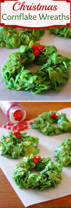 christmas wreath cookies are made with green icing and sprinkles