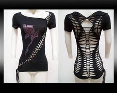 Diy Cutout Shirt, Shirt Weaving, Distressed Tshirt Diy, Cut Shirt Designs, Sexiest Dresses, T Shirt Weaving, Black Lace Up Dress, Diy Cut Shirts