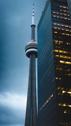 the sky tower is lit up at night