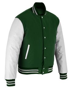 Varsity Letterman Baseball Forest Green Wool and White Genuine Leather Sleeves Jacket with White Trims If your required Size & Color Combination is not listed then please contact with us We will respond you as soon as possible the estimated time is 12 Hours, All Sizes & Color Combinations are Available. The quality of the varsity jacket is the finest in the field. 100% high quality Wool. A fine quilt lining with Wool trimmed inside pocket are all part of the complete package. Each varsity jacket White Outerwear With Contrast Trim For Fall, Classic White Varsity Jacket For Winter, Classic Green Outerwear With Ribbed Cuffs, Classic White Outerwear With Contrast Trim, White Winter Outerwear With Contrast Collar, Classic Long Sleeve Outerwear With Contrast Trim, Green And Black Varsity Jacket, Green Winter Varsity Jacket With Letter Print, Green Letterman Jacket