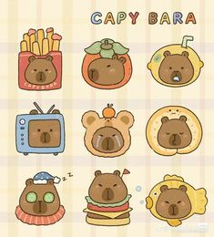 cartoon bear stickers with different types of food and drink on it's face