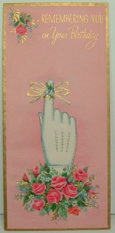 a pink card with an image of a hand and flowers on it, says, remembrance you on your birthday