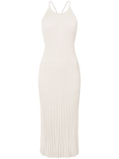 ecru ribbed knit round neck sleeveless rear tie fastening calf-length straight hem Farfetch Dress, Rib Knit Dress, Ribbed Knit Dress, Airport Fashion, Printed Shirt Dress, Asymmetrical Tops, Midi Dress With Sleeves, Dressy Outfits, Knit Midi