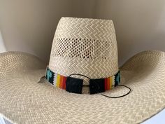 "7/8\" Wide Cactus Hat band All bead work is beaded with 10lb extreme braided nylon line. All hat bands are finished at 23\" with glued than sewed down leather ends and an adjustable leather tie." Adjustable Multicolor Hat For Western-themed Events, Adjustable Multicolor Western Straw Hat, Custom Adjustable Summer Hat Bands, Custom Adjustable Hat Bands For Festivals, Adjustable Braided Hat Bands For Rodeo, Braided Hat Bands For Festivals With Flat Brim, Handmade Adjustable Hat Bands For Rodeo, Adjustable Multicolor Ranch Hats, Adjustable Woven Straw Hat For Ranch